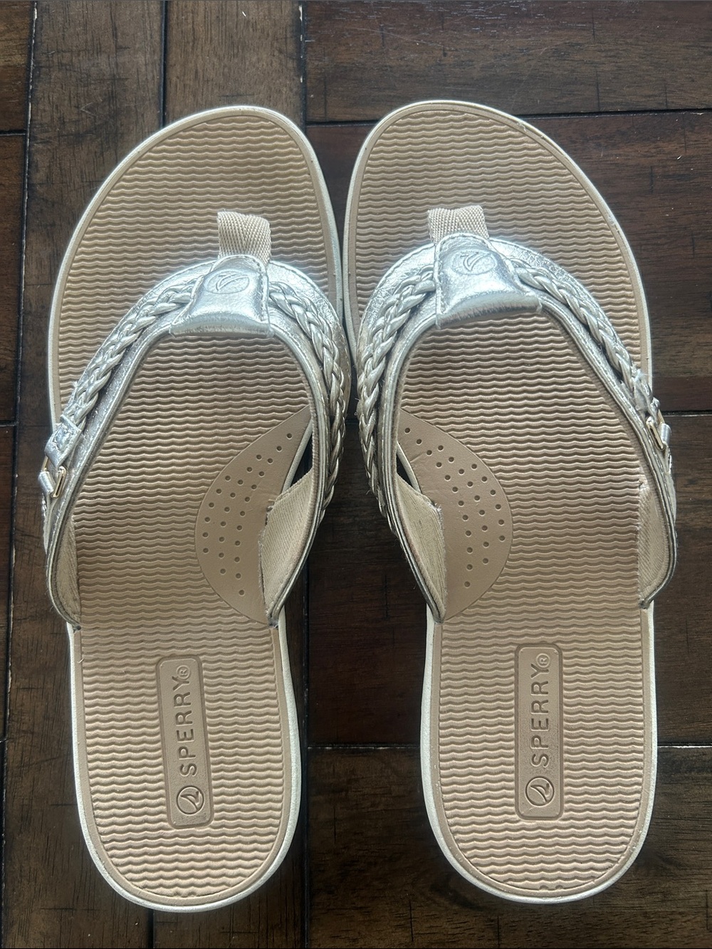 Sperry Women’s Tan Footbed Sandals with Gold Metallic Braided Straps